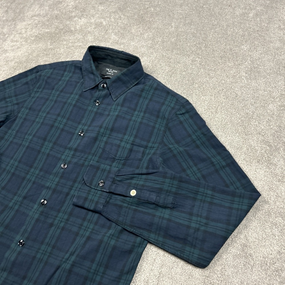 Rag Bone Shirt Mens Small Button Up Tartan Plaid Wool Blend Flannel Green Blue